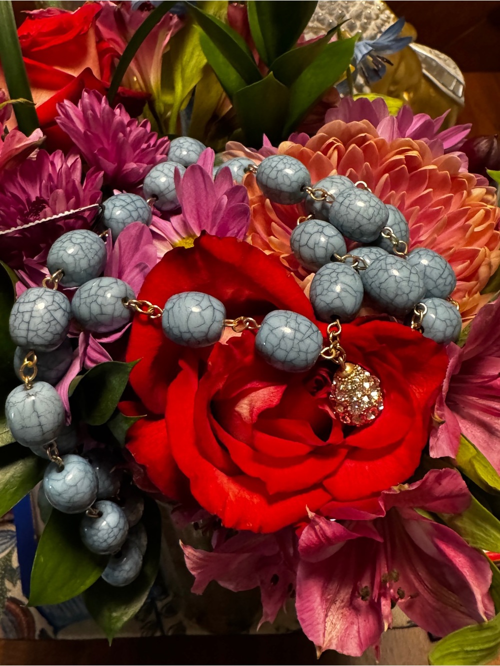Chico's Light Blue Crackle Bead Necklace with Gold-Tone Crystal Charm
